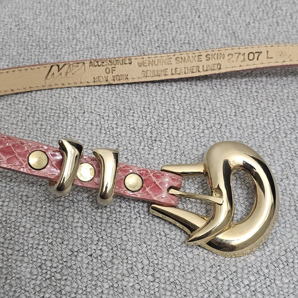 Vintage Genuine Snake Skin Belt Pink Exotic Leather | Gold Hardware Made In USA
